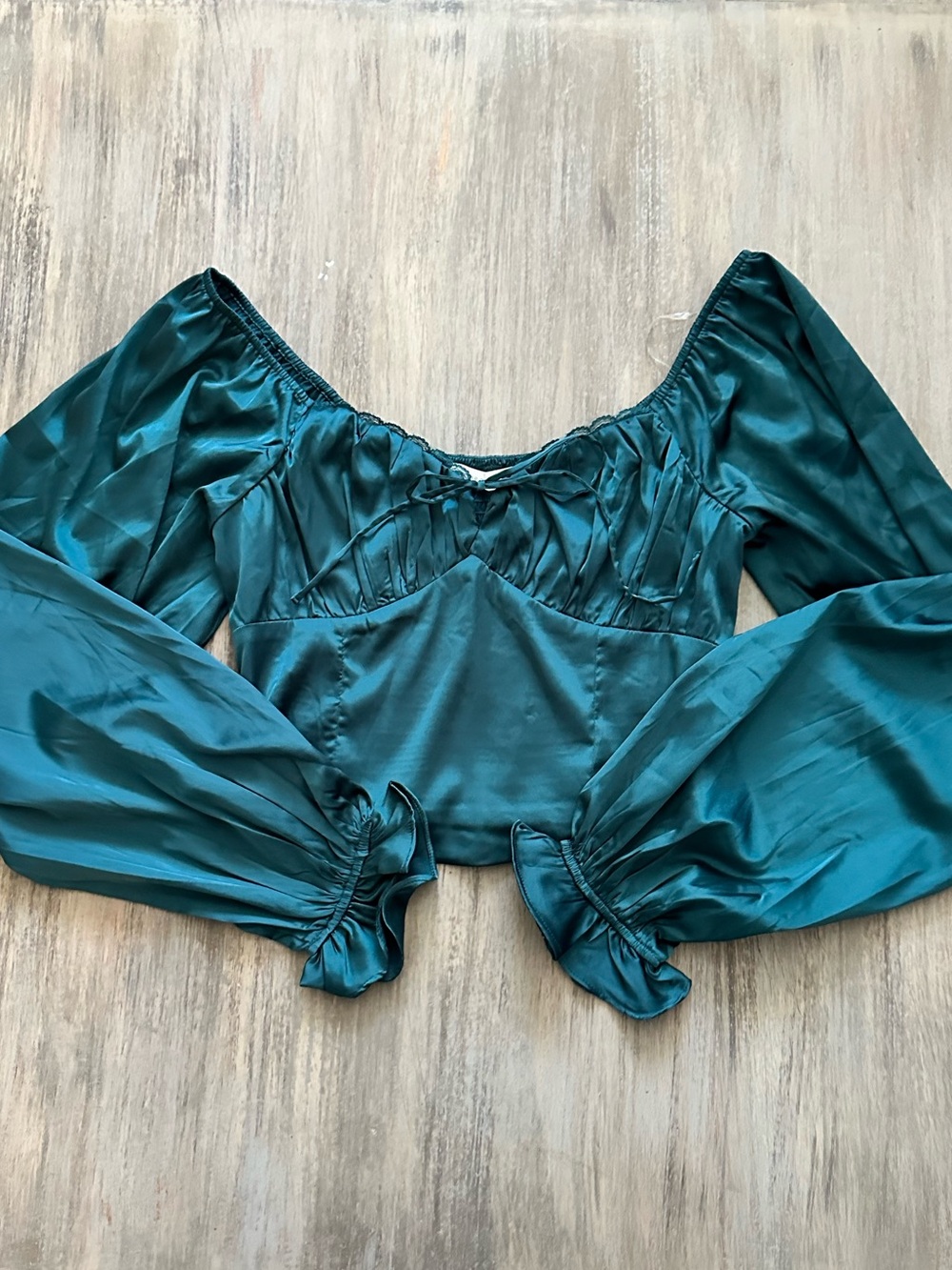 Altar'd State Satin Off-Shoulder Long Sleeve Crop Top